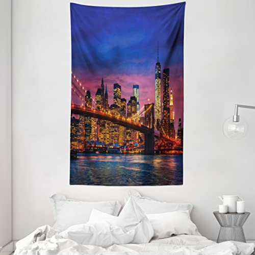 ABAKUHAUS New York Wandteppich, NYC That Never Sleeps Reflections on Manhattan East River City Image Photo Print, aus Weiches Mikrofaser Stoff Wand Dekoration Für Schlafzimmer, 140 x 230 cm, Rosa Blau