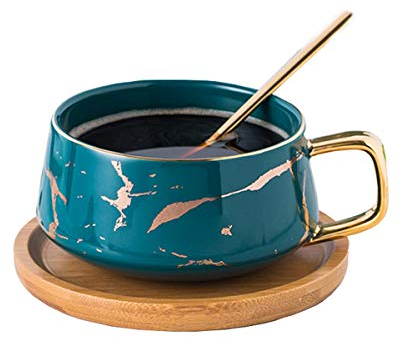 Eplze YBK Tech Porcelain Tea Cup Coffee Mug Set for Afternoon Tea - Marble Pattern (Green, Short 300ml + Wood Saucer)