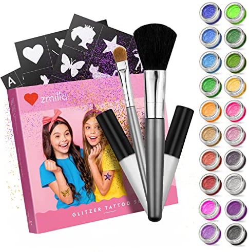 ZMILLA® BIO Glitzer Tattoo Set Kinder (20 Farben | 100 Schablonen) Für Mädchen - Glitzertattoos inklusive 2 Pinsel & 2 Kleber | Biologisch abbaubarer Glitzer