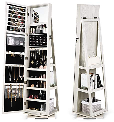 GOPLUS 3 in 1 Schmuckschrank mit Spiegel, Spiegelschrank stehend, 360°drehbar, abschließbar, Standspiegel Schmuck Organizer mit großem Stauraum & Ablagefächern für Schlafzimmer (Weiß)