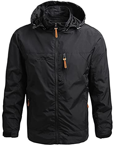 ORANDESIGNE Homme Veste Coupe-Vent De Sport Blouson Léger Mi-Saison avec Capuche Détachable Fermeture Eclair A Noir XL