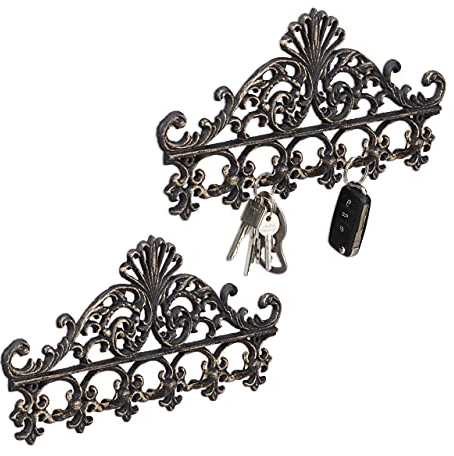 Relaxdays 2 x Garderobenleiste Gusseisen, 5 Haken, antike Hakenleiste, für Schlüssel, nostalgisch, HBT: 17 x 35 x 3,5 cm, bronze