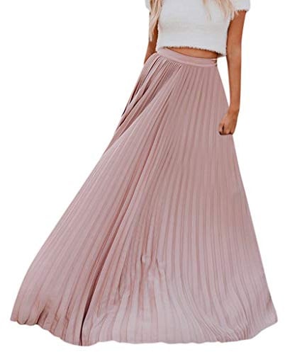 PAIDAXING Jupe longue d'été bohème plissée en mousseline de soie taille haute élastique pour femme, rose, 40