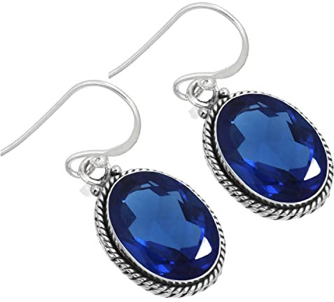 Jeweloporium 925 Sterling Silber Ohrring für Frauen Blauer Saphir simuliert Edelstein Tropfen Baumeln Mode Sílbern Ohrring Engagement Geschenk Boho Schmuck