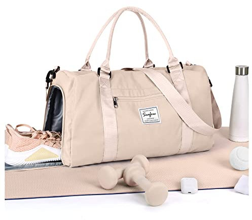 HYC00 Sport Duffel Bag Damen,Handgepäck 45x36x20 für Ryanair Cabin Bags Sporttasche mit Nassfach & Schuhfach Reisetasche Handgepäck Tasche für Easyjet Flugzeug Weekender Bag Schwimmtasche,Beige