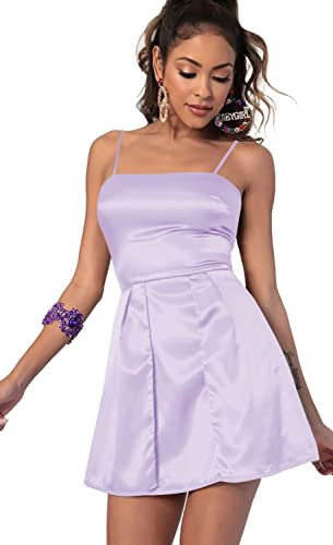 YIANN Robe de soirée formelle courte en satin à bretelles spaghetti avec poches pour adolescents YID023, lilas, 38