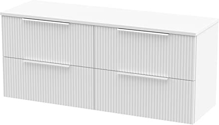 Hudson Reed DFF193W2 Fluted Modern Bathroom Wall Hung 4 Drawer Double Vanity Unit with Colour Matched Worktop, 1200mm, Satin White
