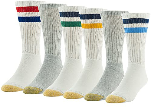 GOLDTOE Men's 656S Cotton Crew Athletic Socks, Multipairs, Stripe White/Light Blue Assorted (6-Pairs), Large