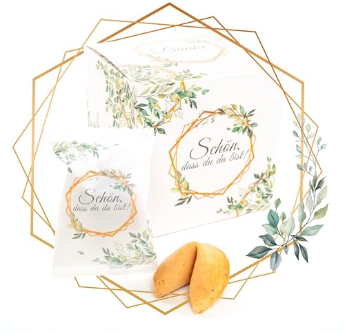 Lucky Treats - Schön, dass du da bist Glückskekse Weiß Eukalyptus - 12er Box - Mit liebevollen Botschaften auf Deutsch und Englisch - Gastgeschenke für Hochzeit & Taufe- Made in Germany