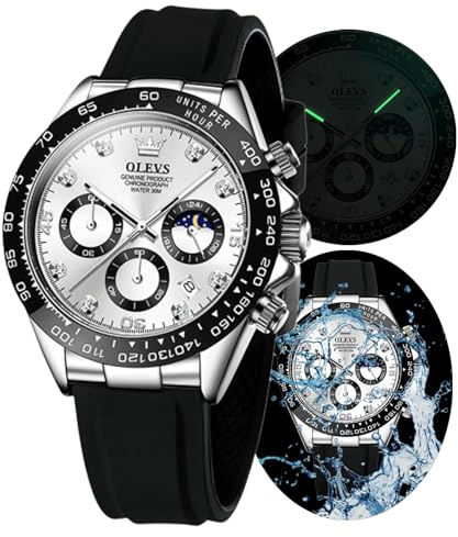OLEVS Uhren für Herren, Quarz, wasserdicht, Chronograph, analog, multifunktional, Mondphase, Silikon, Diamant, leuchtende Armbanduhr, Silber, Schwarz, digital, silberfarben,weiß, Digital