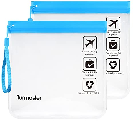 Turmaster 2 Packen Flughafen zugelassener durchsichtiger Kulturbeutel, auslaufsichere Flughafensicherheit zugelassene Flüssigkeitsbeutel 20 x 20cm, wasserdichte Reisekulturbeutel, Blau mit Griff