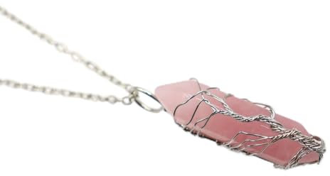MINUSE Natural Crystal Stone Necklace Pendant Point Hexagonal Prism Silver Color Copper Life Tree Wire Wrap Necklaces For Women Jewelry,Rose Quartz