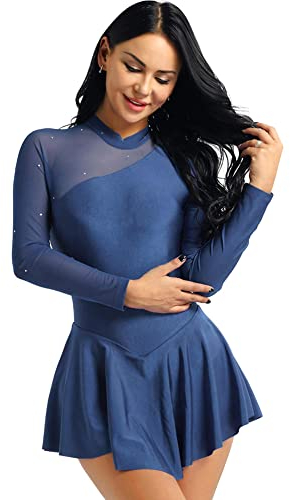iEFiEL Damen Langarm Ballettkleid Eiskunstlauf Kleid mit Glitzer Kristallen Ballettkleidung Gymnastik Leotard Turnanzug Tanzkostüm Marineblau L