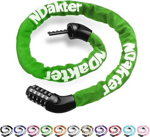 NDakter 130cm×6mm Fahrradschloss mit Zahlencode und hoher Sicherheitsstufe, Fahrrad KettenSchloss mit 5-Stellig Zahlencode, Kette aus gehärtetem Stahl für Fahrrad Roller Ebike Motorrad,grüner