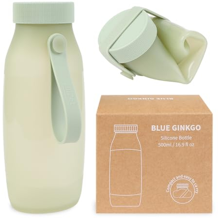 BLUE GINKGO Zusammenklappbare Wasserflasche – Leichte, faltbare Silikonflasche für Reisen, Wandern und Camping (500ml, Hergestellt in Korea, Grün)