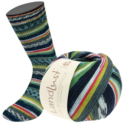 LANA GROSSA Landlust Sockenwolle 6-fach | Sockenklassiker, bedruckt und waschmaschinenfest | Handstrickgarn aus 80% Schurwolle (Merino) & 20% Polyamid | 150g Wolle zum Stricken & Häkeln | 390m Garn