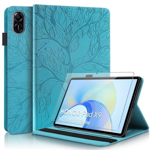 Ysjisy Cover per Honor Pad X9, Blu PU Pelle Portafoglio Libretto Flip Protettiva Custodia con 1 Pezzi Vetro Temperato Pellicola Protettiva per Honor Pad X9