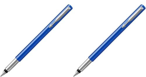 PARKER Vector Fountain Pen | Blue with Chrome Trim | Medium Nib | Blue Ink | Hangtab (Pack of 2)