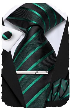 Hi-Tie Juego de corbatas clásicas de seda para hombre, 4 piezas, gemelos cuadrados con clip, corbata de cachemira sólida, Rayas verdes y negras, M