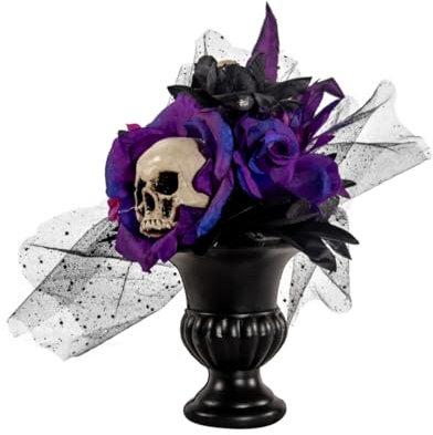 Horror-Shop Gothic Blumenvase mit Violett-Schwarzen Rosen und Totenkopf 30 cm