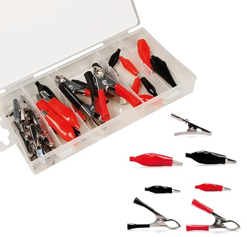 MCPOWER Krokodilklemmen-Set, 28-teilig, in praktischer Sortimentsbox, mit isolierten und unisolierten Klemmen, für Elektrotechnik
