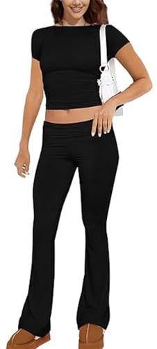 ABINGOO Damen Baumwoll Lounge Set Oberteil Und Schlaghose Set Geschnittene Yoga Trainingsanzug Zweiteiliger Outfit Schmal Loungewear Set(S-Schwarz,S)
