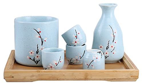 TEmkin Juego de Sake de 7 Piezas, Juego de Tazas de Sake de Cerámica Retro Tradicional de Japón, Diseño Elegante, Familiares y Amigos, con Olla Calefactora y Tazas de Bandeja