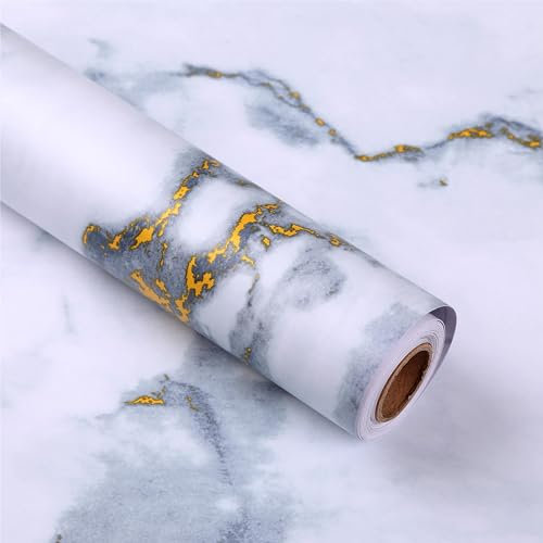 Viennois Marble Granite Contact Paper Matte Peeling Wallpaper Retro Black Gold Gray/White Detachable Thick PVC self-Adhesive Wallpaper, Suitable for Old Furniture, bathrooms, Kitchens, and wardrobes.