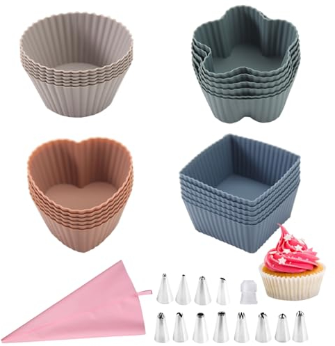 WhaleO 24 Pezzi Pirottini Silicone, Sac a Poche con Beccucci Sac a Poche Pirottini Muffin Silicone per Dolci Stampo Muffin Pirottini Per Friggitrice Ad Aria