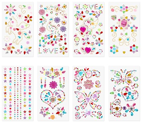 Amabro 8 Sheets Face Gem Stickers, Rhinestone Self-Adhesive Stick-on Makeup Crystal Glitter Stones Stickers Multi-Style Tattoos Stickers for Festival Party Face Nail DIY Baseball Cap Decoration