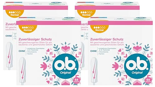 o.b. Original Normal, Tampons für mittlere/stärkere Tage, StayDry Technologie & geschwungene Rillen, zuverlässiger Schutz & sauberes Gefühl (64 ST) (Packung mit 4)