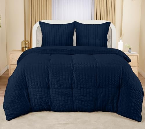 Utopia Bedding Seersucker Bettwäsche 220x240 Set - Mikrofaser Polyester Bettbezug 240x220 cm + 2 Kissenbezüge 65x65 cm - Marineblau