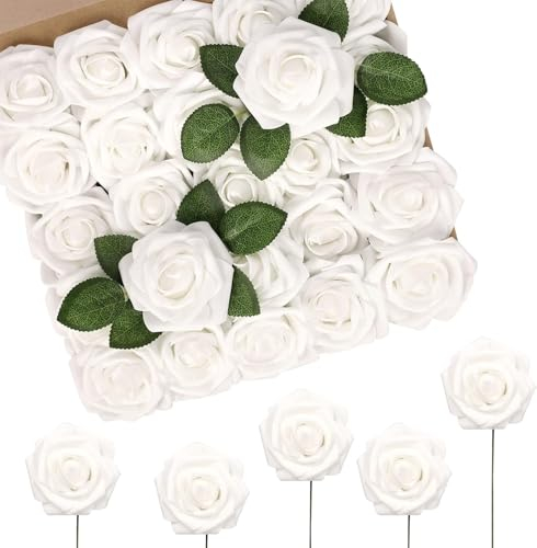 N&T NIETING Künstliche Blumen 50 Stück Real Touch Weiße Blumen Künstliche Rosen für Dekoration für DIY Hochzeit Sträuße Mittelstücke Brautdusche Party Home Blumenarrangement (Weiß)