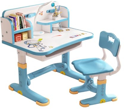 ZHOUBA Kinder-Schreibtisch- und Stuhl-Set, höhenverstellbarer Kinder-Lerntisch, Golden Distance Design-Schreibtisch-Lerntisch mit neigbarem Bücherregal, Schubladen-Stuhl-Set für Jungen und Mädche