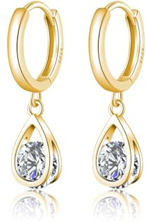SLUYNZ Sterling Silber CZ Creolen Ohrringe Tropfen für Damen Teenager Funkelnde Teardrop Ohrringe Wasser Tropfen Huggie Simulierte Diamant Creolen (B-Gold)