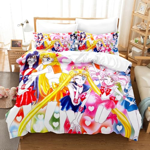 Ste-X Bettbezug Aus ägyptischer Baumwolle Mit Fadenstärke 120, Bettwäscheset Sailor Moon Mit Kissenbezügen, Maschinenwaschbar, Metallreißverschluss (135x200cm,Usagi Tsukino 06)