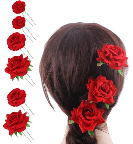 Lot de 6 pinces à cheveux en forme de U pour femme - Rose rouge - Accessoires pour cheveux pour mariage, anniversaire, danse