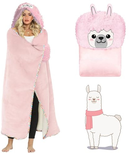 MeYuxg Coperta in flanella con cappuccio, 160 x 126 cm, morbida con maniche, portatile, ideale come regalo di alpaca, calda alpaca, per donne, ragazze, bambini, rosa