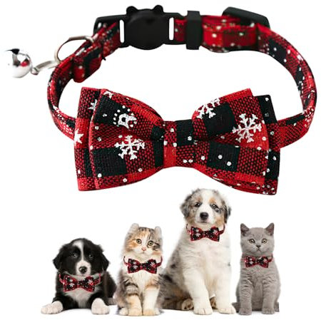 Weihnachten Halsband Hund Katze, Weihnachtshalsband, Hundehalsband Weihnachten mit Abnehmbar Schleife, Halsbänder mit Fliege Weihnachts, Kariertes Kostüm Hundehalsband für Katzen und Welpen(Rot)
