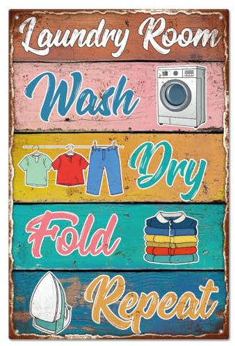GLOBLELAND Metallschild Mit Den Regeln Für Die Waschküche Im Vintage Stil 12x830x20cm Mit Der Aufschrift „Laundry Room Wash Dry Fold Repeat“ Kunstplakette Poster Wanddekoration Für Waschküche