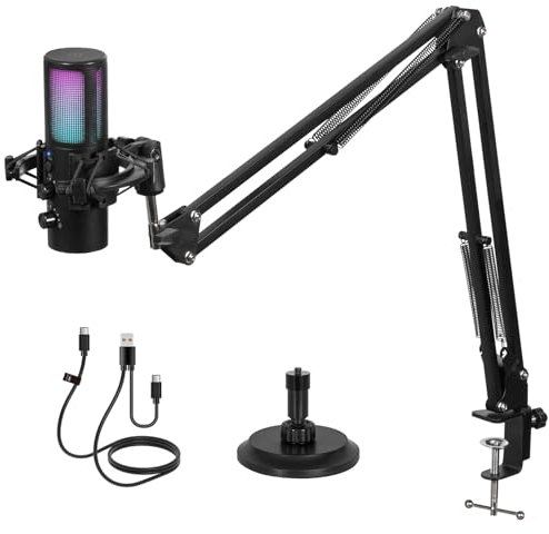 Todeco Micrófono Gaming RGB, USB Micrófono Condensador con Brazo Soporte, Soporte Microfono, Antivibración, Cancelación de Ruido, Botón de Silencio, para Streaming Podcasting, PS4/5, Mac, PC