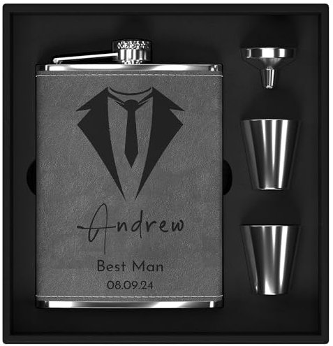 Flachmann Set mit Gravur, Flachmann Edelstahl Personalisiert 8oz/237ml für Trauzeugen Geschenke, Gravierter Flachmann für Männer Bräutigam Hochzeit und Junggesellenabschiedgeschenk (Grau)