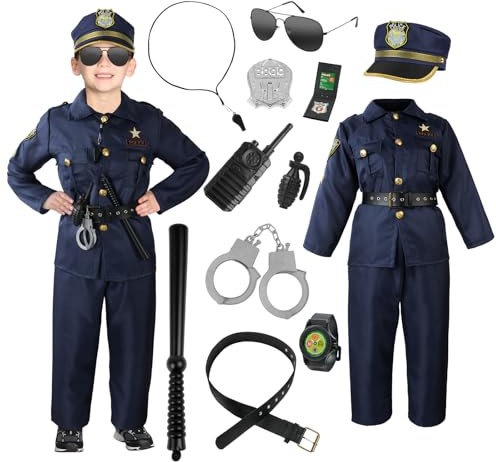 Aomig Polizei Kostüm Kinder 13 Stück Polizeikostüm Set mit Polizei-Hut Gürtel Handschellen Polizeizubehör Deluxe Polizistenkostüm für Jungen Kostüm Kind Verkleidung für Halloween Festival Cosplay (S)