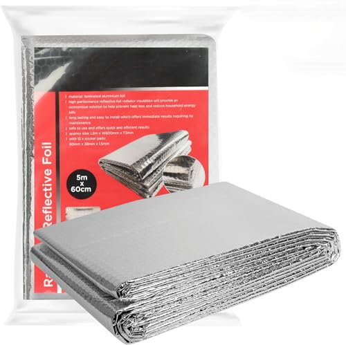 Radiator Reflective Foil 5m x 60cm - Thermal Bubble Heating Insulation, Energy Saving, Winter Essentials, Easy to Cut and Install, Includes Sticky Adhesive Pads, Enhances Radiator Efficiency