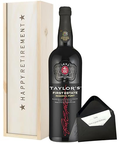 Taylor’s Port Retirement Gift Set – First Estate Reserve Port 75cl in Wooden Box with ‘Happy Retirement’ Lid – Classic Gift for Colleague, Boss or Loved One