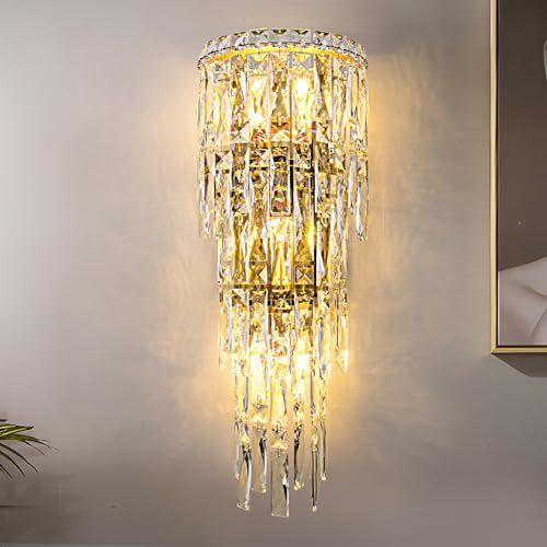 JUJUQI Moderne Kristall Wandleuchte Gold Wandlampe Innen Kristall Schlafzimmer Luxus Wand Lampen, Kristallwandleuchte für Wohnzimmer Esszimmer Flur