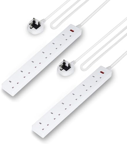 GEEPAS 6 Gang Extension Lead, 2M Cable | 6-Way Plug Extension Cable with Neon Indicator Light | Wall Mountable & Multi Socket Mains Strip for Home Bedroom Office | Heavy Duty UK Plug | White Pack of 2