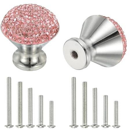 sourcing map Drawer Knobs,2Pcs 1.1 Inch (28mm) Diameter Bling Diamond Decoration Cabinet Knob, Round Rhinestones Pull Handle with Screws for Home, Office, Kitchen (White Base + Pink Diamond)