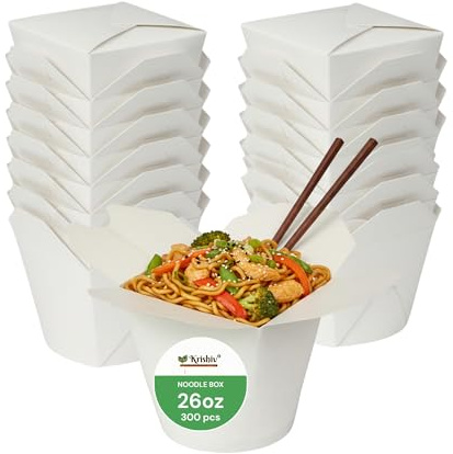 KRISHIV Kraft Paper Noodle Boxes 26oz – Leakproof, Disposable Chinese Food Containers for Hot Food, Rice, and Noodles – Takeout Packaging for Business and Home Use (25)