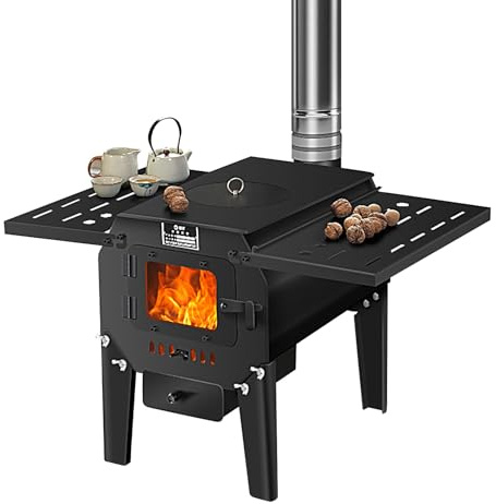 Stufa da Esterno, Stufa a Legna Ventilata Vetro Panoramico, per Riscaldamento Interno/esterno, Campeggio, Cucina, Pesca Sul Ghiaccio, Caccia(40cm/16in)